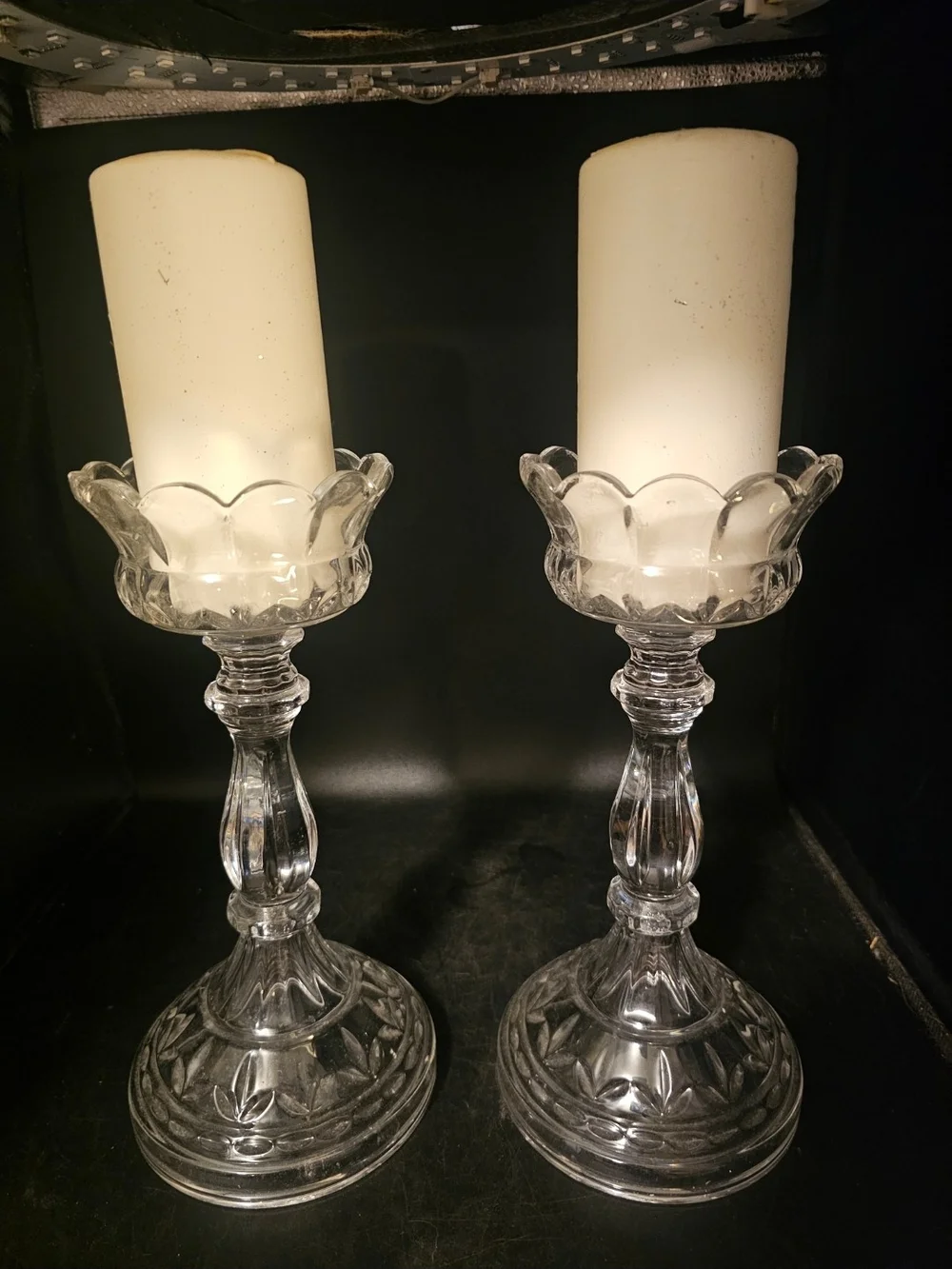 Pair of Clear Glass Scalloped Pillar Candle Holders